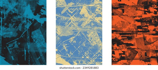 Distressed dotted design element. Duo tone, grunge poster . Modern art .Abstract, grungy composition . Half tone background. Halftone dots texture effect .Contemporary vector. Grange design