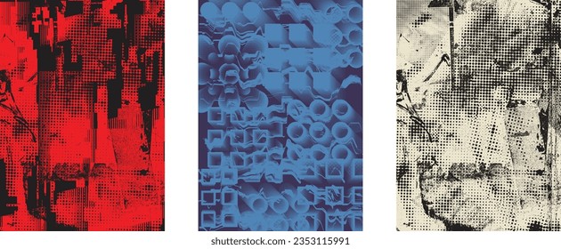 Elemento de diseño de puntos con problemas. Tono de Duo, afiche de estruendo. Arte moderno. Resumen, composición grosera. Fondo de medio tono. Efecto de textura de puntos de semitono .Vector contemporáneo. Diseño de rango