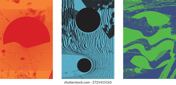 Gestricheltes Design-Element mit Distression. Duo Ton, Grunge Poster . Moderne Kunst .Abstrakte, grungy Komposition . Halbtonhintergrund. Textureffekt für Rasterpunkte .Zeitgenössischer Vektor. Grange-Design