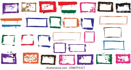 Distressed edge brush painted overlay frames. Vector colorful hand-drawn childish frame backgrounds.