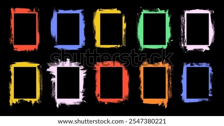 Distressed edge brush painted overlay frames. Vector colorful hand-drawn childish frame backgrounds. Poster template set. Old picture overlay collection. Brush painted borders. Bright color collage bg