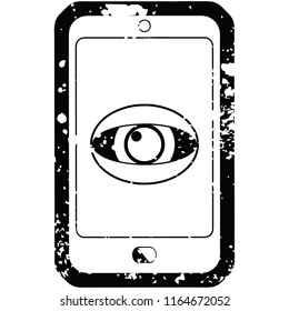 Distressed effect cell phone watching you graphic vector illustration icon