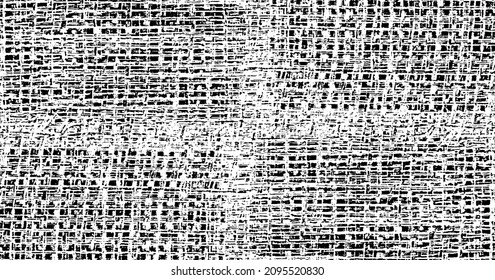 Distressed fabric texture. Vector texture of weaving fabric. Grunge background. Abstract halftone vector illustration. Overlay for interesting effect and depth. Black isolated on white background.