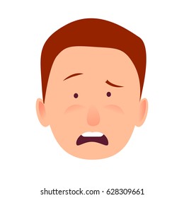 Distressed face emotion on man-child close-up portrait on white background. Chewed up and disappointed look of child's face. Vector illustration of character and face emotions