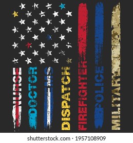 Distressed First Responder American Flag With Awareness Colors In Stars And Stripes Honoring Nurse, Doctor, Ems, Dispatch Firefighter, Police Military