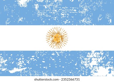 Distressed flag Argentina. Argentina flag with grunge texture. Independence Day. Banner, poster template. State flag Argentina with coat arms. Drawn brush flag Republic Argentina.