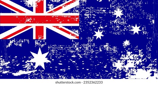 Bandera angustiada Australia. Bandera de Australia con textura gruesa. Día de la Independencia. Cartel, plantilla de afiches. Bandera estatal de Australia con los brazos abrigados. Bandera del pincel dibujada República Australia.