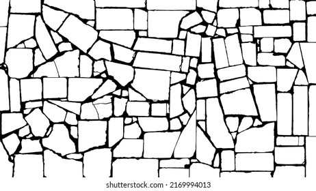 Distressed floor tiles texture. Black grainy texture on white background. Cracks overlay textured. Grain noise particles. Rusted white effect. Grunge design elements. Vector illustration, EPS 10.