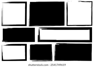 Distressed frame set. Black borders. Rough edged shapes. Vector illustration.