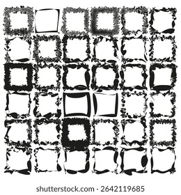 Distressed frame set. Rough square outline. Vector grunge border. Irregular black shape.