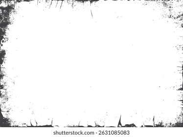 Distressed frame texture with grunge border elements. Abstract background featuring dirt and scratch details. Old vector overlay with vintage effect.