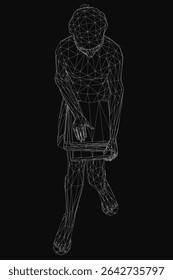 A distressed girl in black and white wireframe stands with hands on hips, eyes wide and mouth slightly open. Her tense body and clasped hands convey anxiety against a dark background.