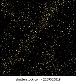 Distressed golden grain texture on black background. Noise granules and dust overlay. Falling gold particles. Crushed pieces of sand on dark. Powder with detailed particles.