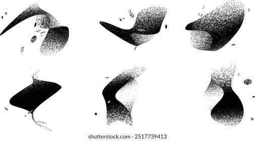 Distressed gradient shape set. Collection of blotch shapes with rough edges . Trendy grainy shapes .Graph print texture .Spray effect.Grunge textured design element .Vector irregular edges blobs 