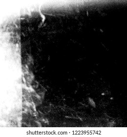 Distressed grainy overlay texture. Grunge dark corner messy background. Dirty paper empty cover template. Ink stroke brushed square shape backdrop. Insane aging border design element. EPS10 vector.