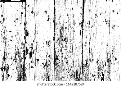 Distressed grainy wood overlay texture. Grunge wooden planks messy background. Dirty rustic empty cover template. Rural fence wall backdrop. Weathered aging design element. EPS10 vector.