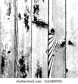 Distressed grainy wood overlay texture. Grunge wooden planks messy background. Dirty rustic empty cover template. Rural fence wall backdrop. Weathered aging design element. EPS10 vector.