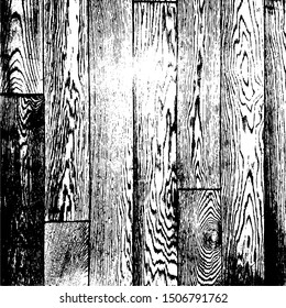 Distressed grainy wood overlay texture. Grunge wooden planks messy background. Dirty rustic empty cover template. Rural fence wall backdrop. Weathered aging design element. EPS10 vector.