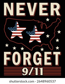 Desenho gráfico angustiado Bandeira americana dentro de um emblema circular Nunca Esqueça o texto com data 911 evoca lembrança solene.