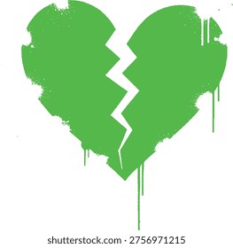 Distressed green broken heart graphic with dripping paint effect, symbolizing heartbreak, sadness, and emotional pain, isolated on white background, spray paint