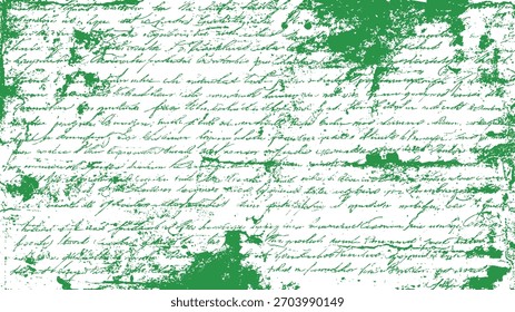 Distressed green handwritten script overlay on white background with textured ink splatters and grunge effect