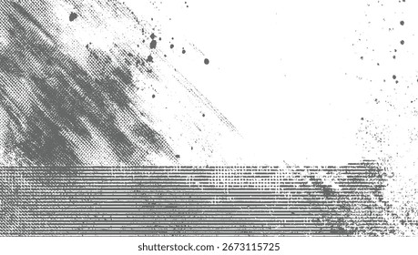A distressed grey grunge texture featuring horizontal lines and scattered dots on a white background.