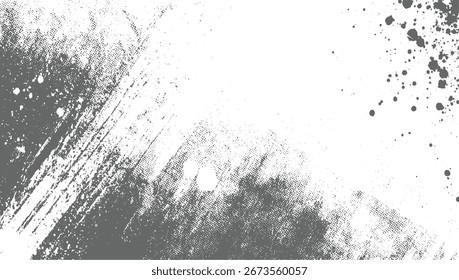 A distressed grey grunge texture with scattered splatters and a halftone pattern on a white background.