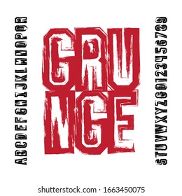 Distressed grunge alphabet font. Messy uppercase letters and numbers. Vector typescript for your typography design.