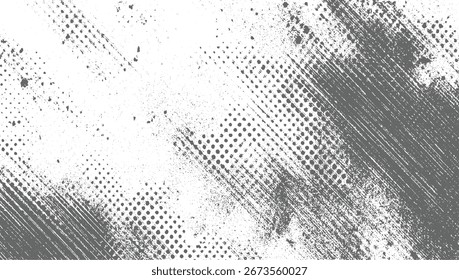 Fundo grunge angustiado com pontos de meio-tom e arranhões diagonais em cinza e branco.