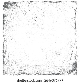 Distressed Grunge Border Frame Texture on White. Worn Edge Overlay with Scratches and Speckled Noise Effect. Vintage Rough Design for Graphic and Photo Use. Isolated Black Texture Background.
