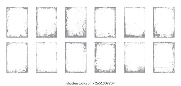 Distressed grunge border texture pack with rectangular vintage frames. Abstract rough edge overlay set on white background. Worn dirty artistic template.

