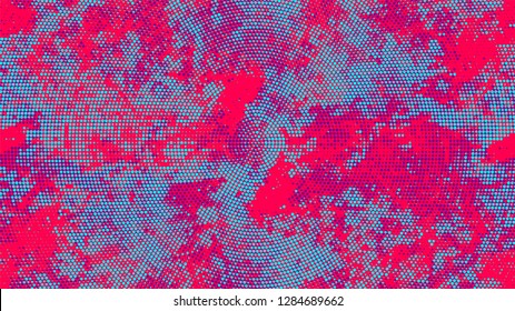 Distressed Grunge Dotted Texture. Cartoon Retro Vector Pattern. Faded Dyed Style Texture. Turquoise and Red Monochrome Print Design Pattern.