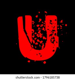 Distressed grunge font.Red vector letter on black background.