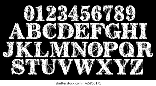 Distressed grunge font.Vector numbers and alphabet.