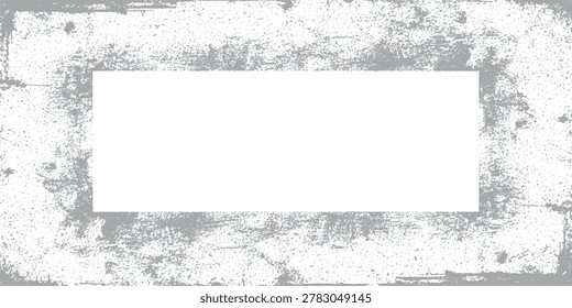 Distressed grunge frame border with white copy space center distressed weathered background splatter industrial scratched concrete vignette artistic rectangular abstract decorative