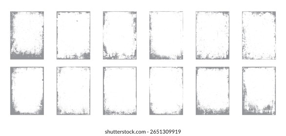 Feixe de textura de estrutura grunge angustiado com bordas retangulares rugosas. Coleção de design de borda de sobreposição vintage em fundo branco. Conjunto gráfico com desgaste sujo.
