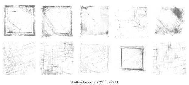 Distressed grunge frame texture pack with vintage square borders and abstract overlays. Unique handdrawn effects, scratches, and rough edges for posters, photos, and creative backgrounds.
