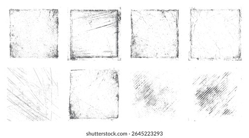 Distressed grunge frame texture set for creative backgrounds. Vintage scratch borders and abstract square overlays for photo, poster, and flyer design.
