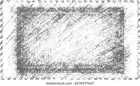 A distressed grunge frame with a textured border and scattered scratches across a white background.