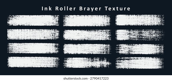 Distressed Grunge Ink Roller Brayer Texture Collection, Vintage Rough Paint Roller Marks, Abstract Handmade Ink Press Texture Bundle, Isolated White Stamp Overlay Effects on Blue Background Vector