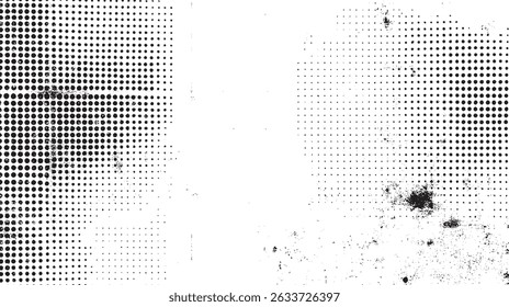 Distressed grunge overlay with halftone dot elements. Isolated white background with vintage noise effect. Ideal for banners, posters, and textured illustrations.
