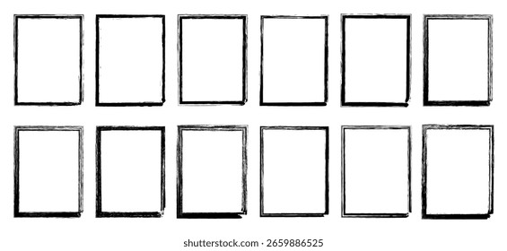 Retângulo grunge angustiado e quadros quadrados com bordas de carimbo de tinta áspero, caixa vazia desenhada à mão definida para modelo de cartaz ou layout de design gráfico