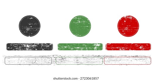 Distressed Grunge Stamp Shapes Vector Set: Authentic Vintage Round and Rectangle Textures for Overlay, Rubber Stamp Effect, Retro Badges, Certification Seals, and Branding.eps10