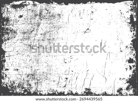 Distressed grunge texture frame with scratched surface. Vintage cracked edge border design for overlay, poster, background or template. Worn retro effect illustration.
