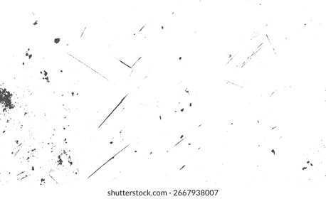 Uma textura grunge angustiada com manchas pretas dispersas e arranhões lineares em um fundo branco.