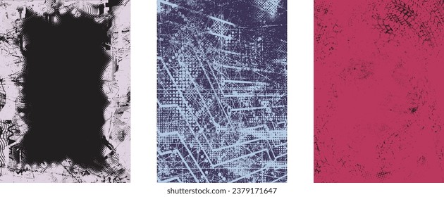 Distressed grungy isolated layers . Design element for brochure, social media, posters, flyers. Overlay grunge texture.Textured banner with Distress effect .Vector halftone dots . Screen print texture