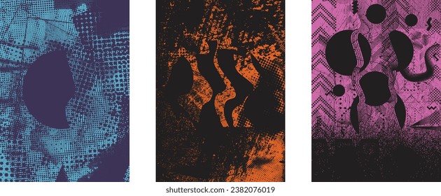 capas aisladas con grises angustiadas. Elemento de diseño para folletos, medios sociales, afiches, volantes. Textura de grifo superpuesta.Banner texturado con efecto de angustia .Paquetes de semitono vectoriales. textura de impresión de pantalla