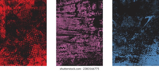 Distressed grungy isolated layers . Design element for brochure, social media, posters, flyers. Overlay grunge texture.Textured banner with Distress effect .Vector halftone dots . Screen print texture