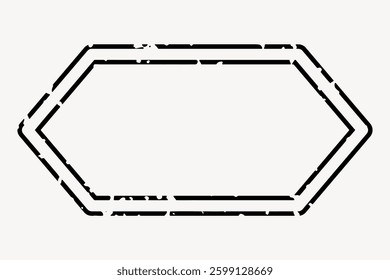 Distressed hexagonal frame with a grunge effect. The frame is black and white, featuring a worn, vintage look. Ideal for retro designs and vintage projects. Vintage vector illustration.