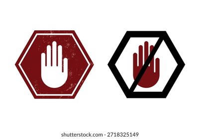 Distressed sechseckige Stopp-Zeichen-Symbole mit Handzeichen für Vorsicht Verbot Einschränkung Sicherheitswarnung und Zugangskontrolle
